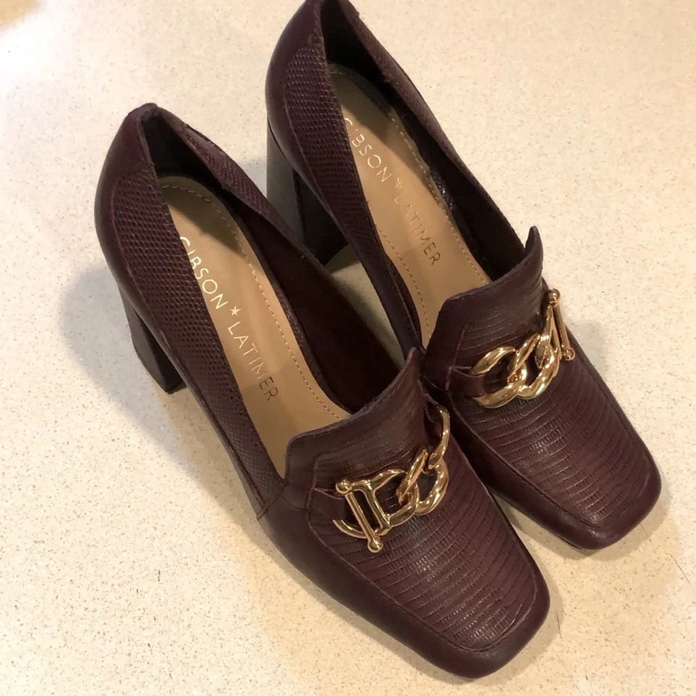 GIBSON & LATIMER RITAH LIZARD EMBOSSED GOAT LEATHER BLOCK HEELS DARK RED SIZE 7